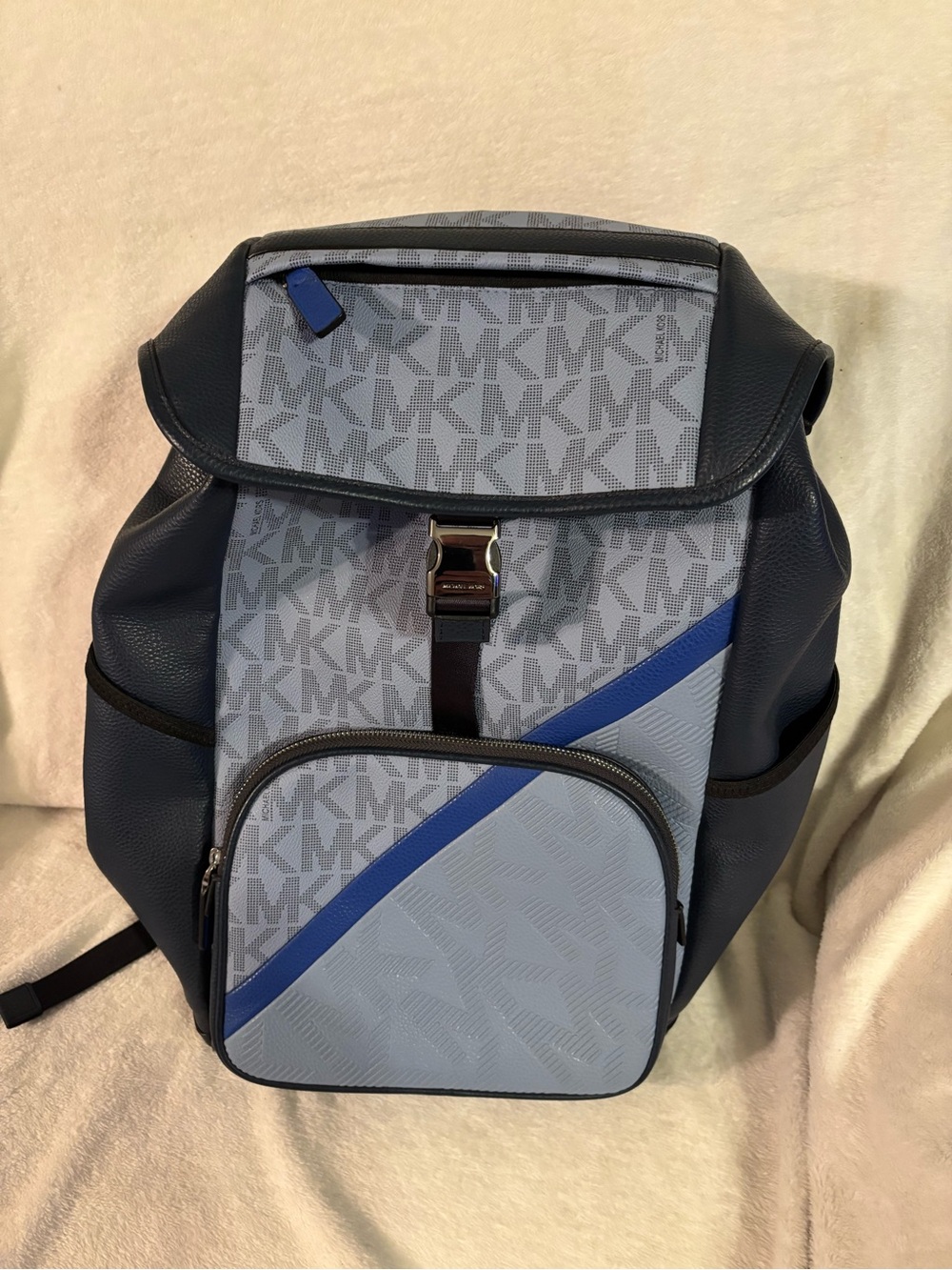 Michael Kors Men's Light Blue and Navy MK Logo Backpack